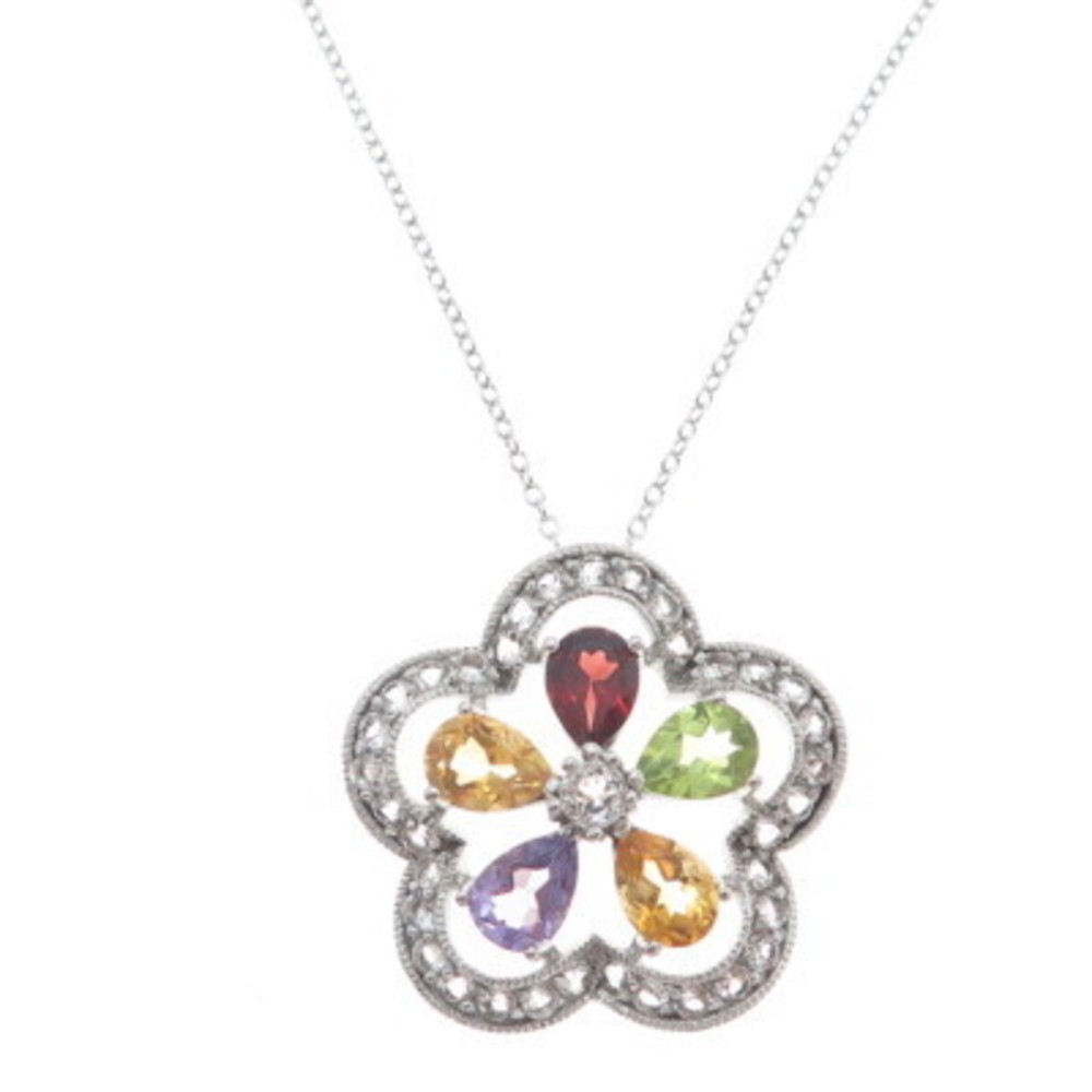 925 Sterling Silver Topaz Garnet Amethyst Citrine Peridot Flower Necklace 16-18" - Picture 4 of 6